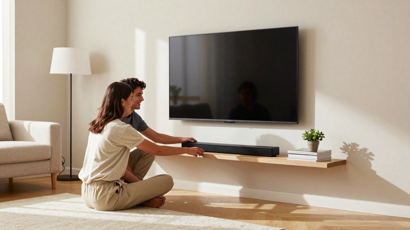 Couple sitting on floor adjusting soundbar under wall-mounted TV in a bright, modern living room.