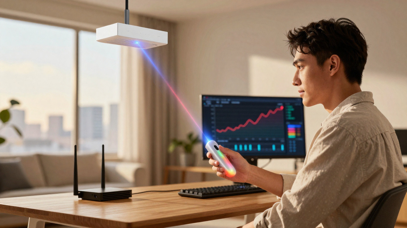 Man controlling a ceiling device with a handheld remote in a modern office with a graph on the computer screen.