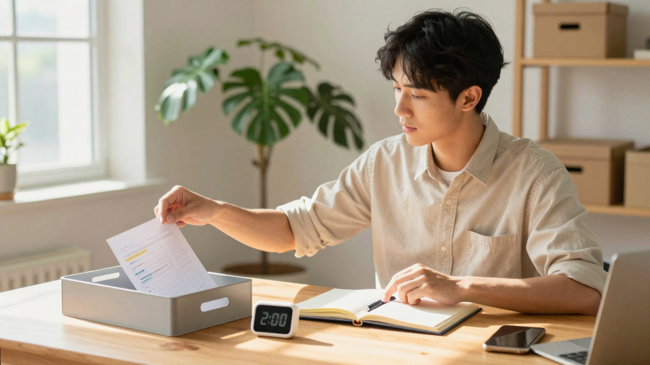 Young man organising documents at a wooden desk with a notebook, clock, phone, and laptop in a bright room.