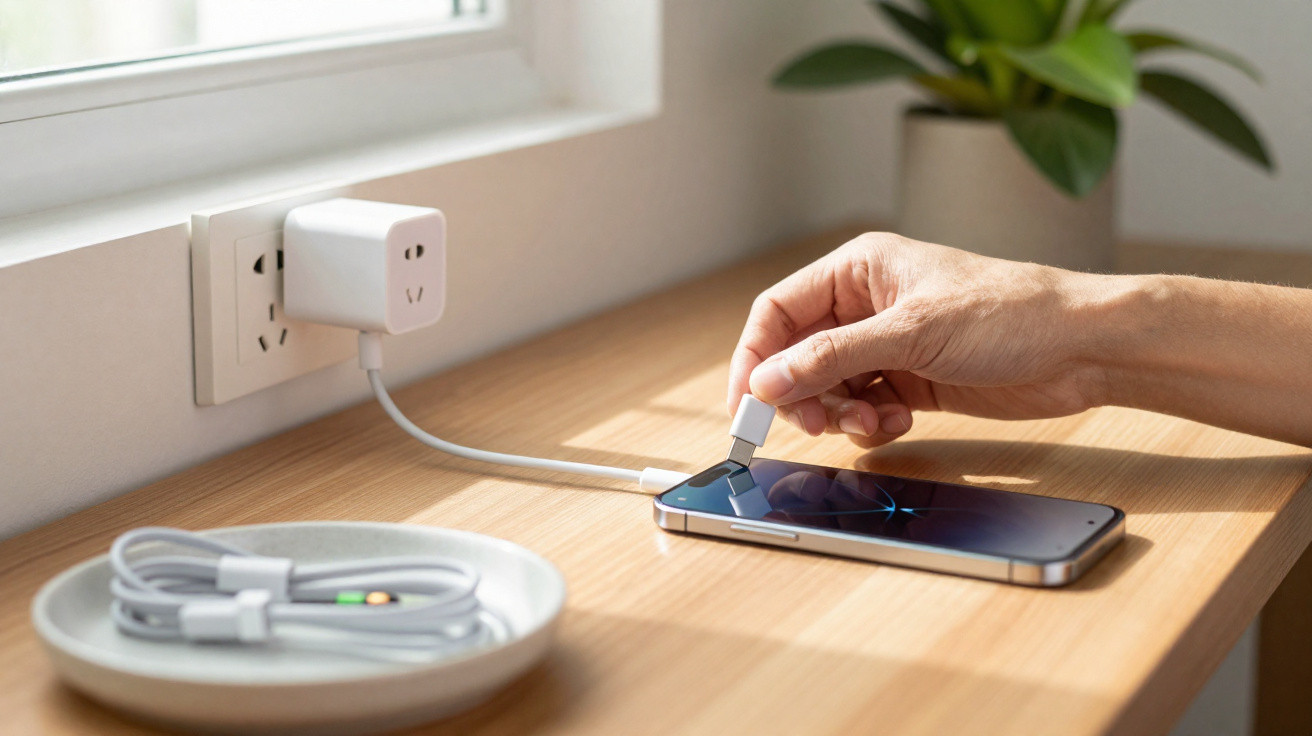 Hand plugging USB cable into smartphone on wooden desk near electrical outlet and window.