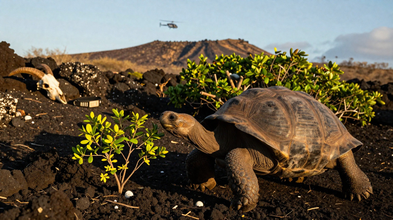 Giant tortoise walking on rocky terrain with shrubs, animal skull, and helicopter flying over a hill in the background.