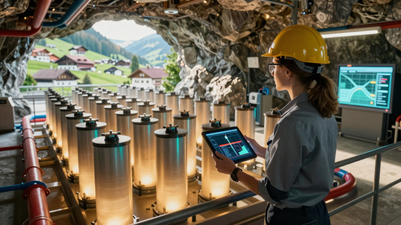 Engineer in a hard hat monitoring cylindrical industrial tanks inside a cave with a village visible outside.