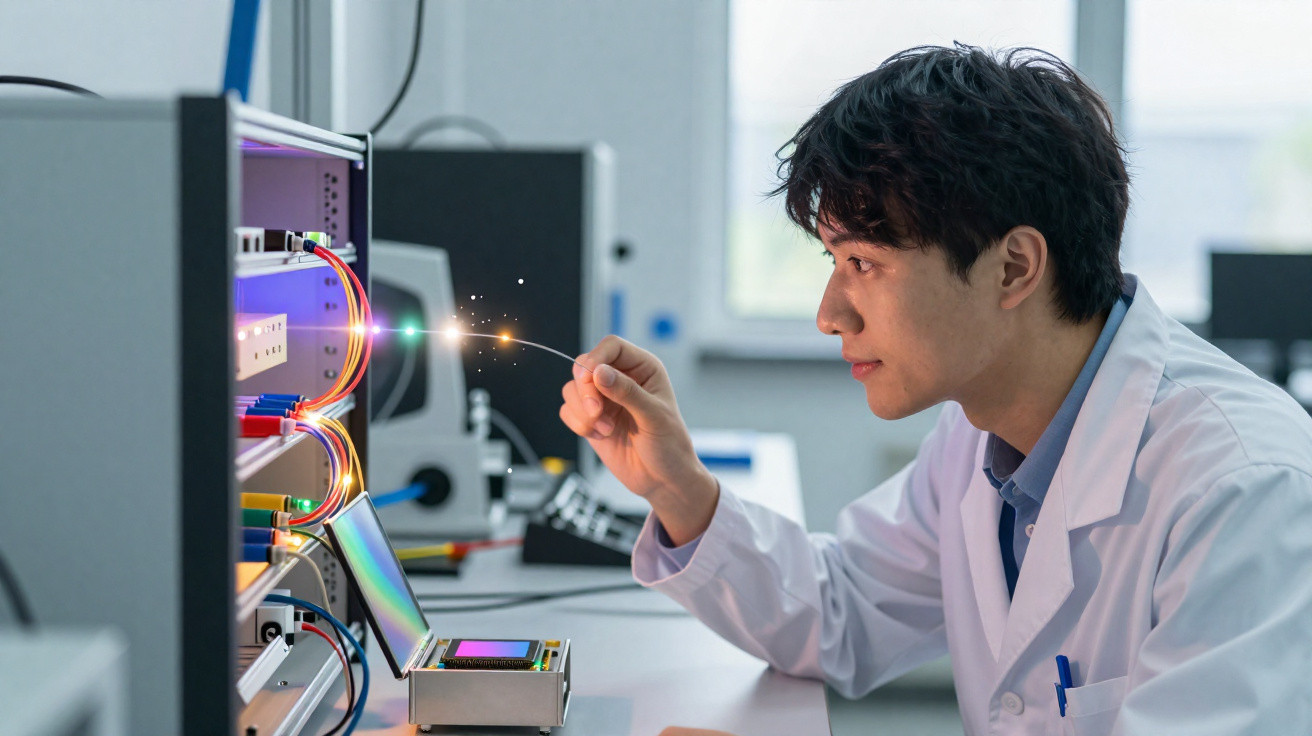 Scientist in lab coat examining fibre optic cables connected to electronic equipment in a laboratory.