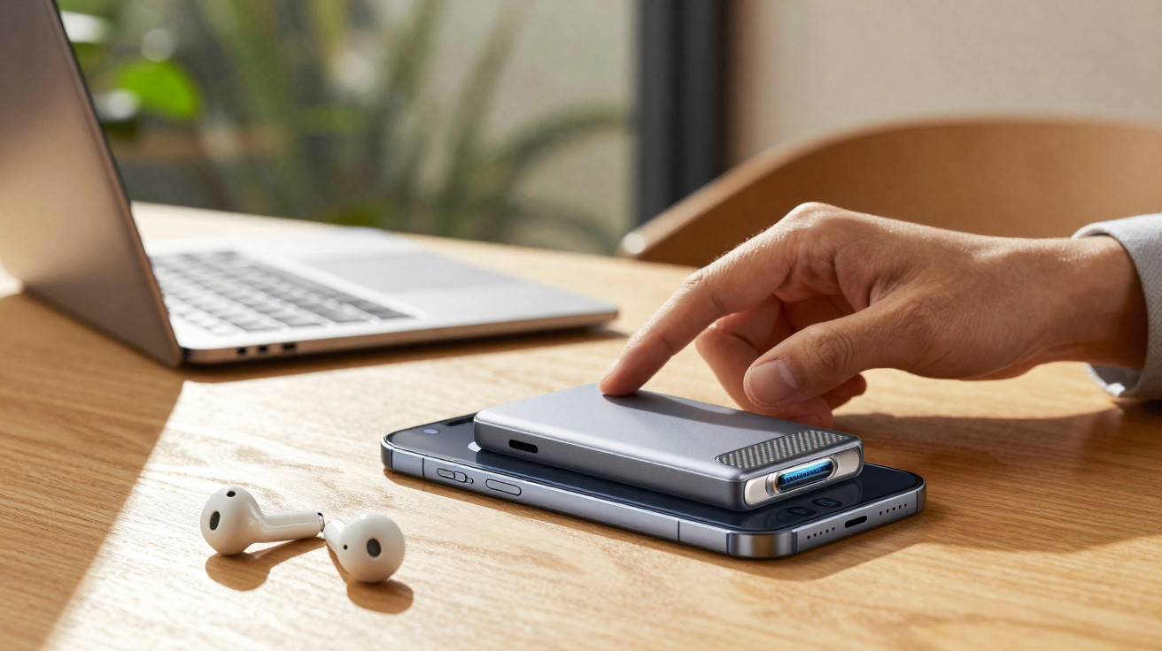 Hand touching a portable charger stacked on a smartphone on a wooden desk with wireless earbuds and a laptop nearby.