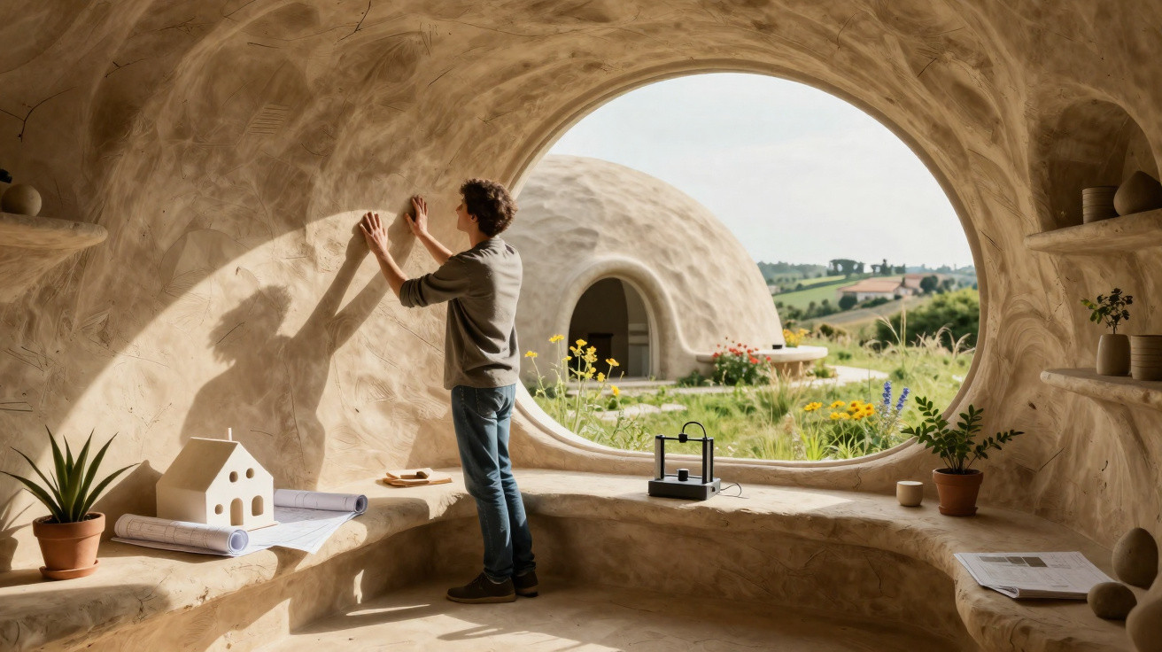 Man inspecting curved earthen wall inside a dome-shaped eco-friendly house with countryside view through round window.