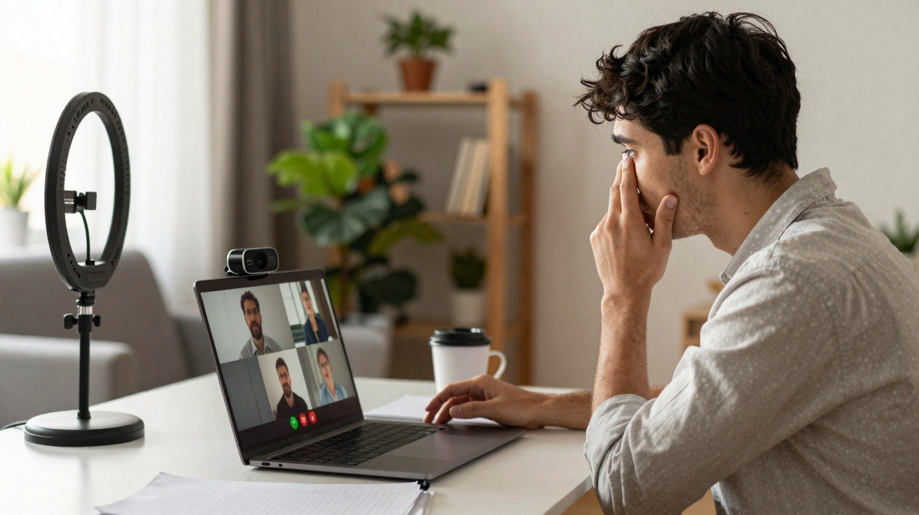Man touching face working on laptop during video conference call in home office with ring light and coffee cup nearby
