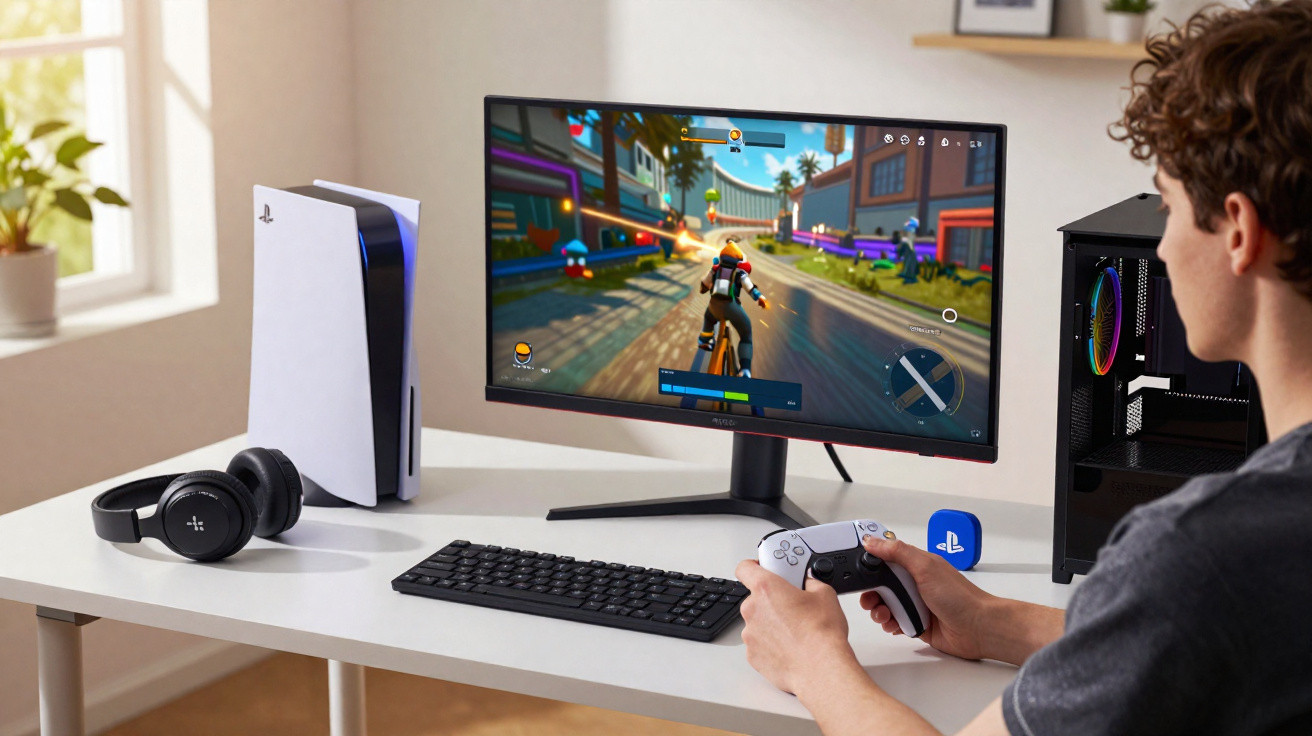Person playing a racing video game on a monitor using a PlayStation controller at a white desk setup.