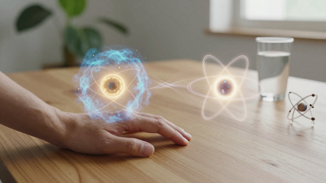 Hand on wooden table with glowing digital atom models and a glass of water in background.