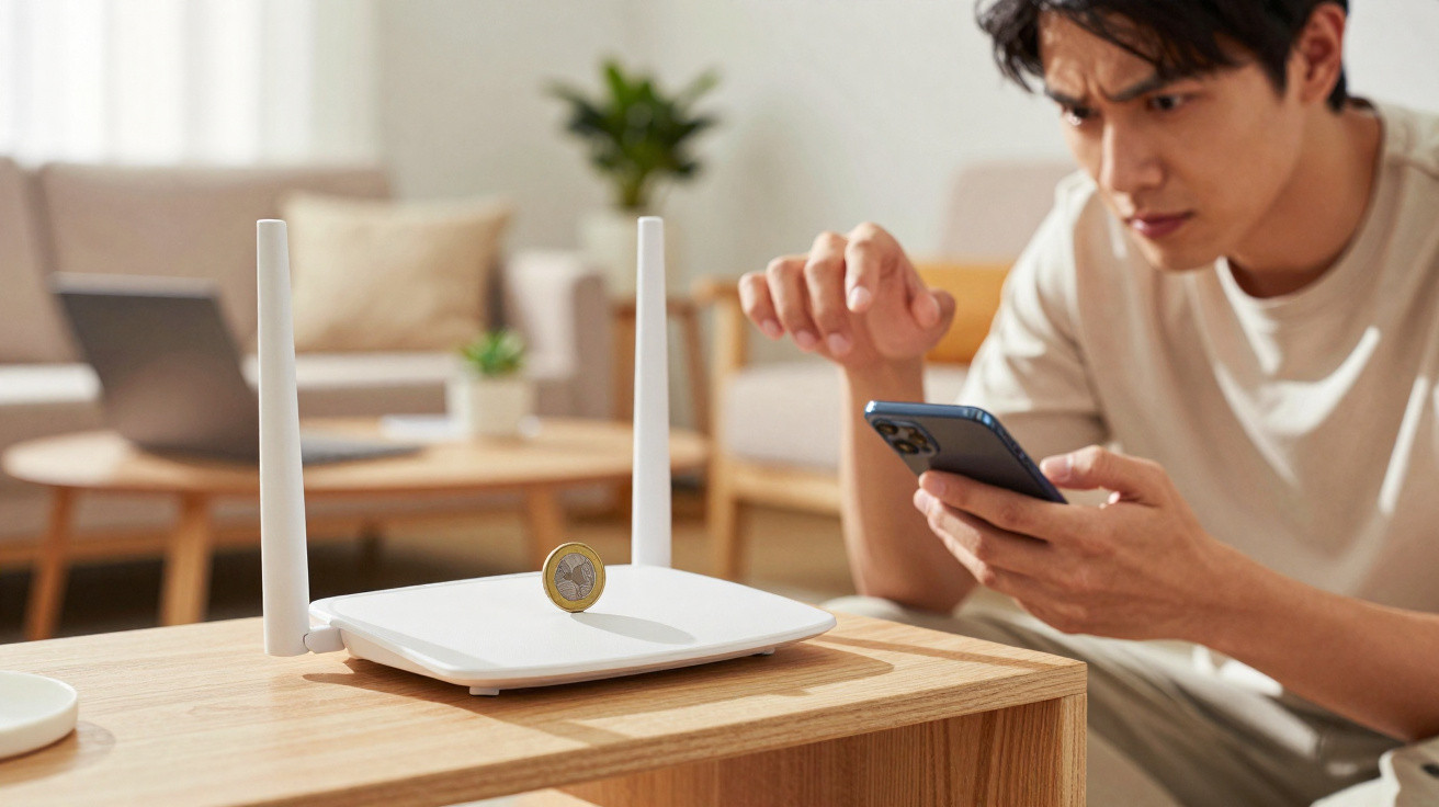 Man checks smartphone next to a white Wi-Fi router with a coin balanced on it on a wooden table.