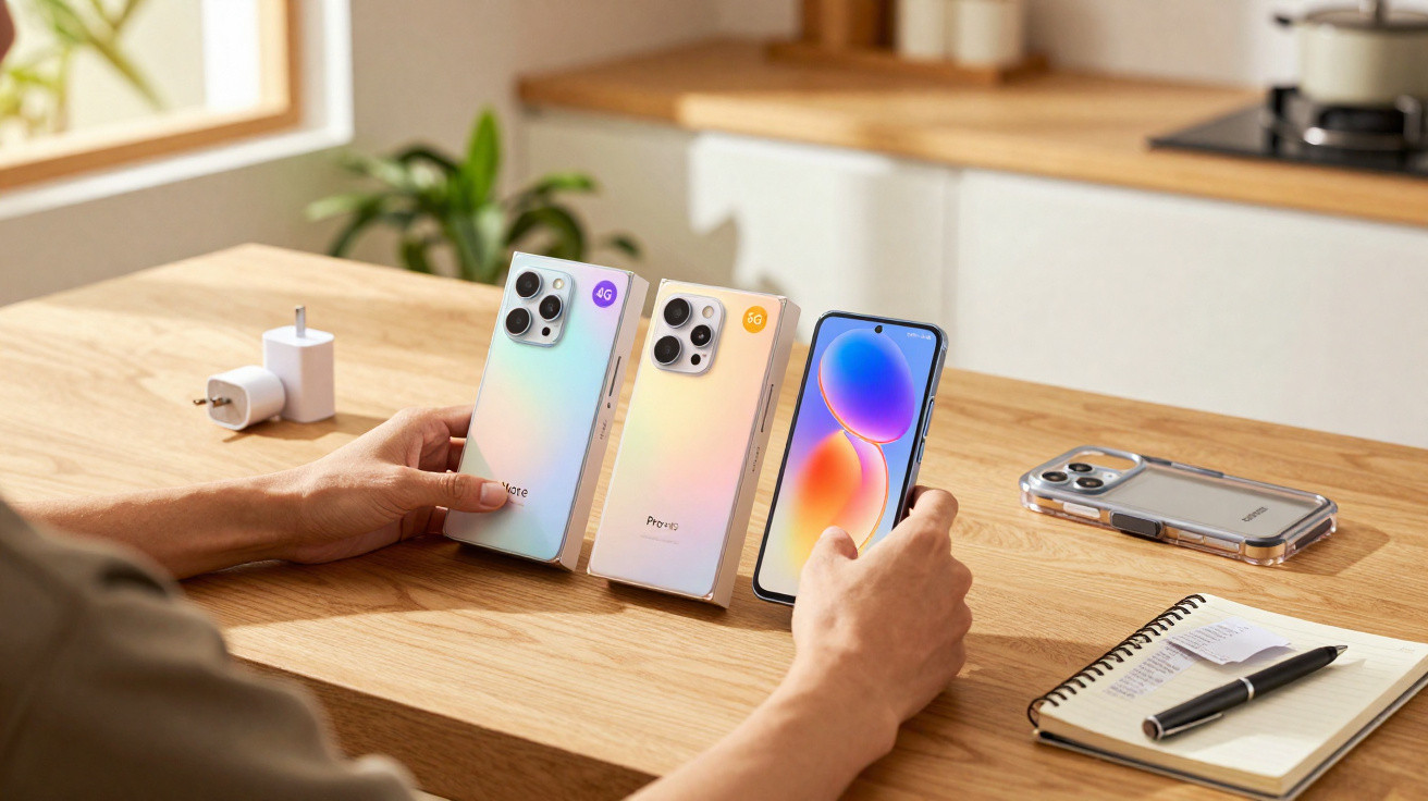 Person holding a smartphone with two boxed smartphones and a charger on a wooden kitchen table.