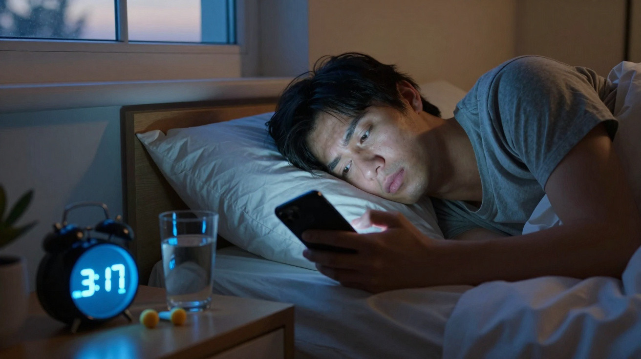 Man lying in bed at night, looking at phone with alarm clock showing 3:17 and a glass of water nearby.