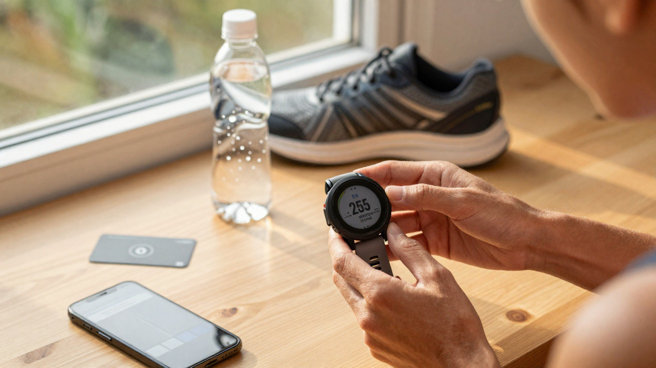 Person holding a sports watch showing 2:55, with phone, card, water bottle, and running shoe on wooden table by window.