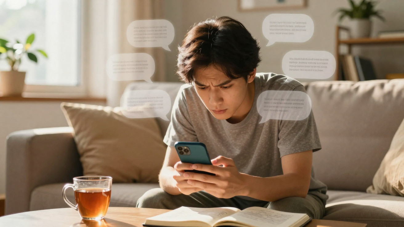 Young man sitting on sofa looking intently at smartphone with message bubbles around him, book and tea on table.