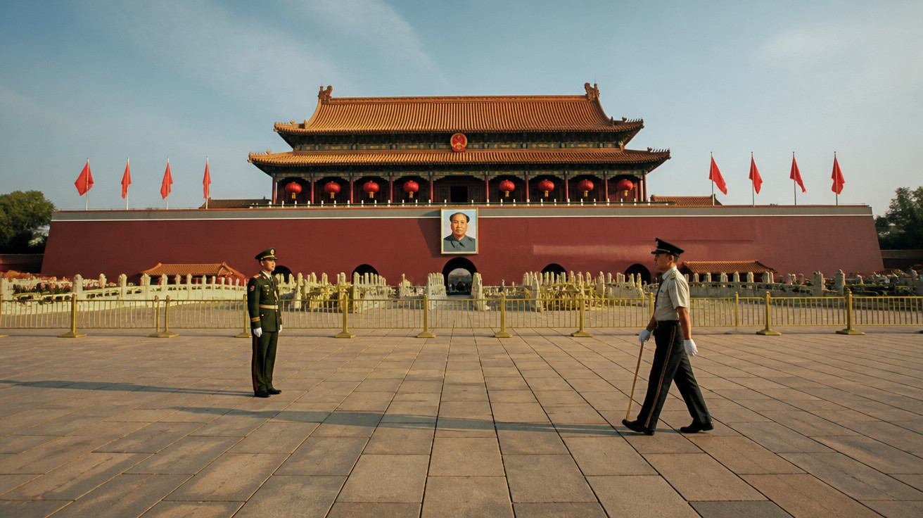 Tiananmen Gate in Beijing with two uniformed guards and large portrait of Mao Zedong under blue sky.