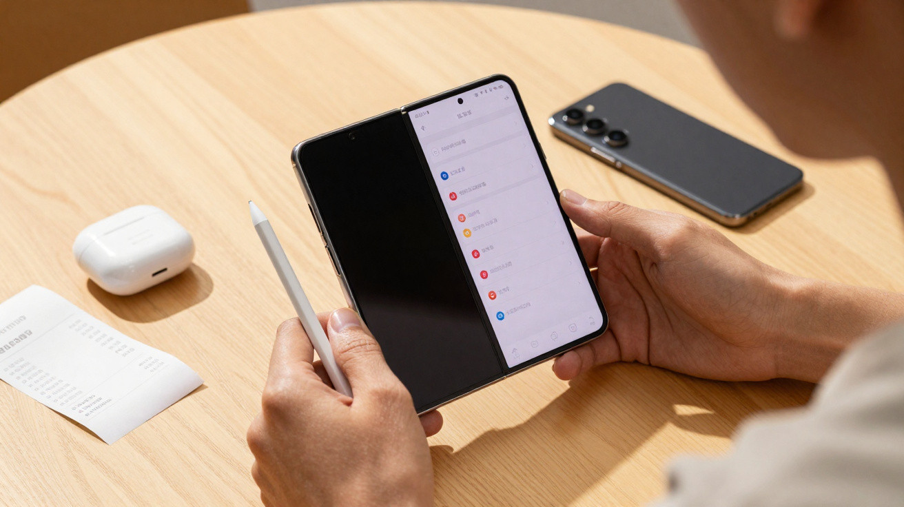 Person holding a foldable smartphone with stylus pen, showing messages on one screen, with another phone and earbuds on table