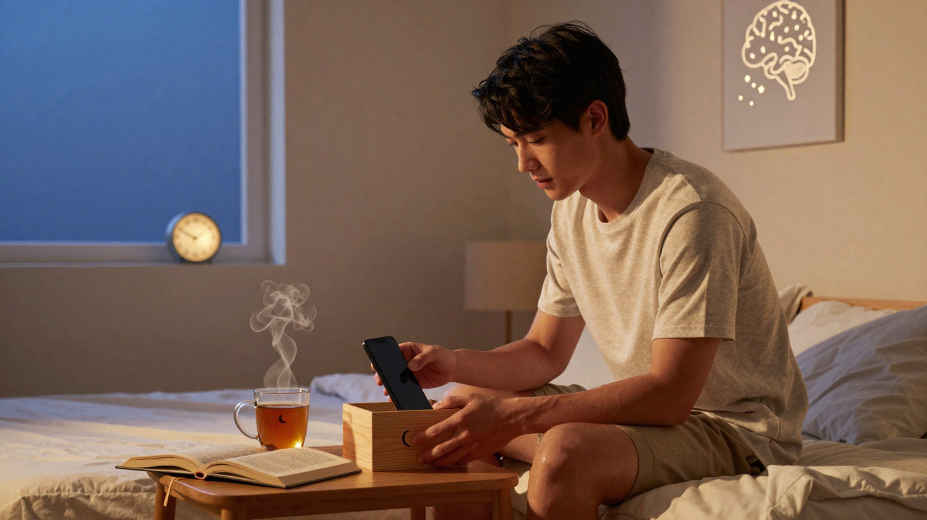 Man sitting on bed using a phone while holding a wooden box, with a steaming cup of tea and an open book nearby.