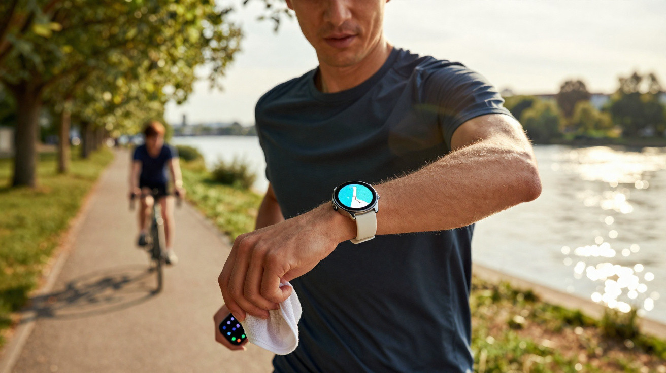 Man in sportswear checking smartwatch while jogging by a riverside path with a cyclist behind him