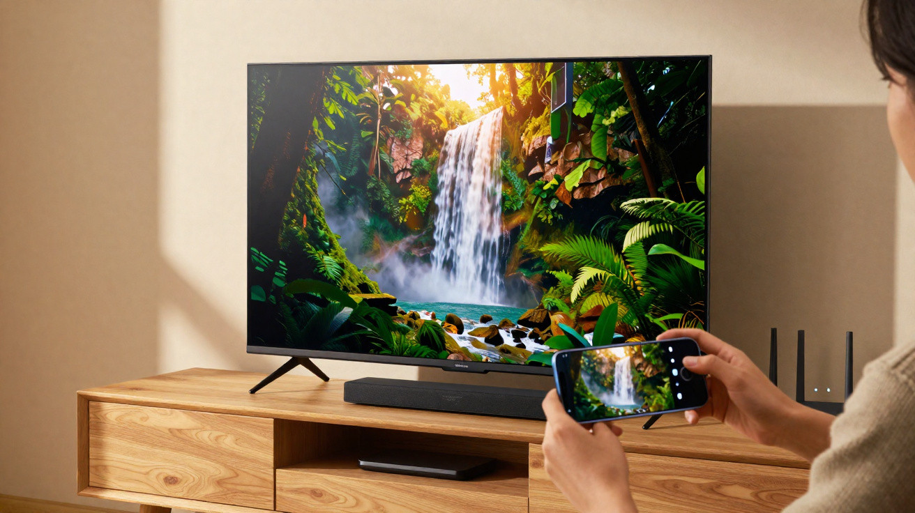 Person holding smartphone capturing waterfall scene displayed on a TV in a cosy living room.