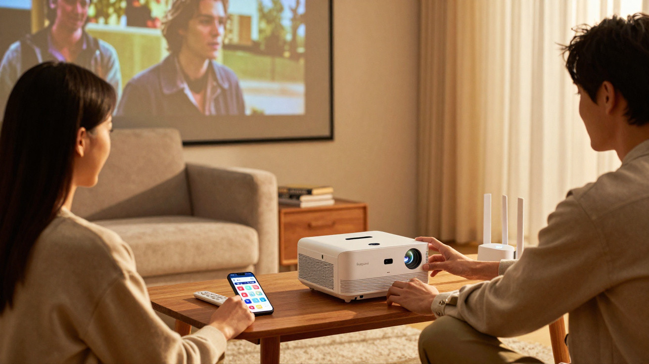 Two people watching a projected movie in a living room using a white projector on a wooden table.