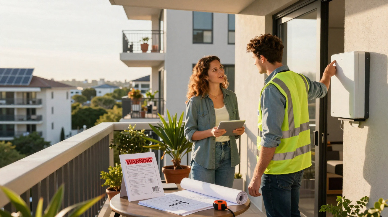 Woman consulting with worker installing electric vehicle charger on apartment balcony in daylight.