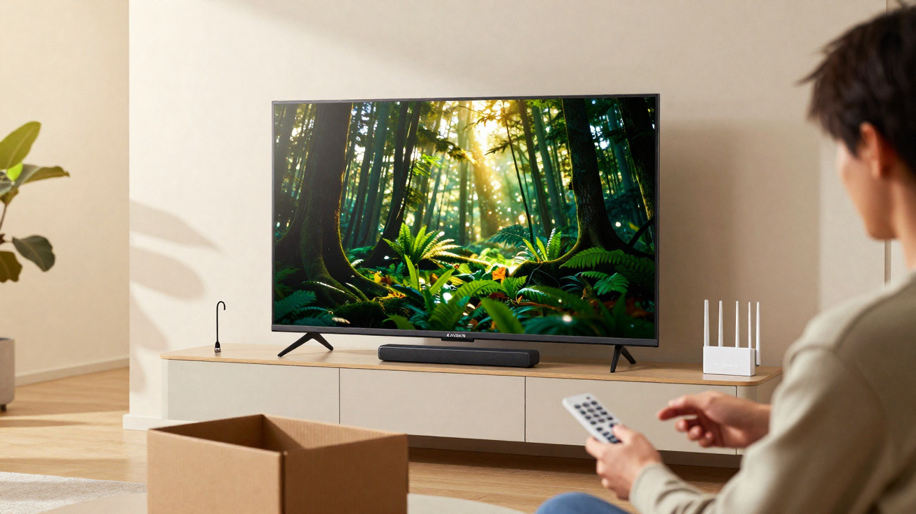 Person holding remote watching forest scene on flat-screen TV in modern living room with cardboard box nearby