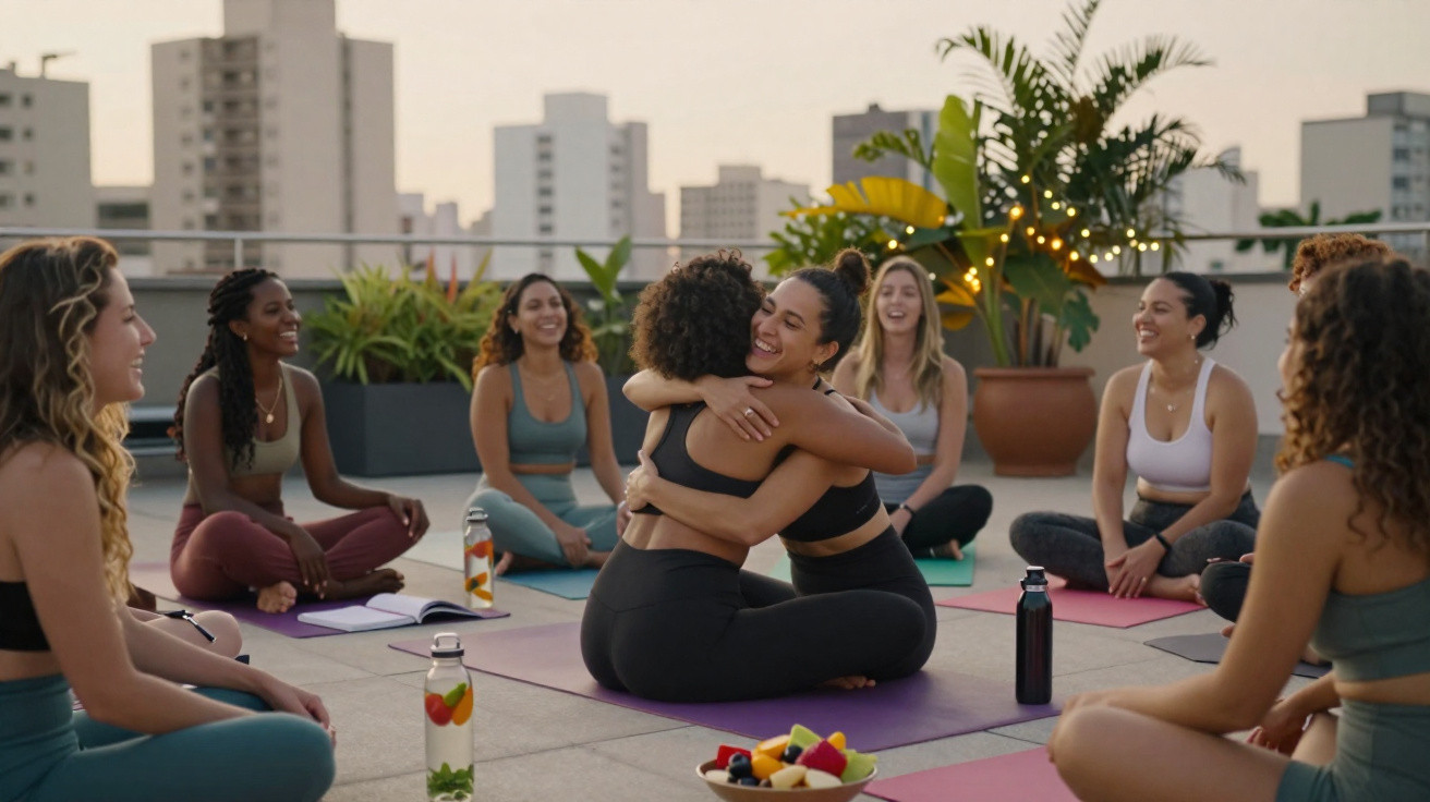 A group of women sitting on yoga mats outdoors, with two women hugging in the centre and others smiling.