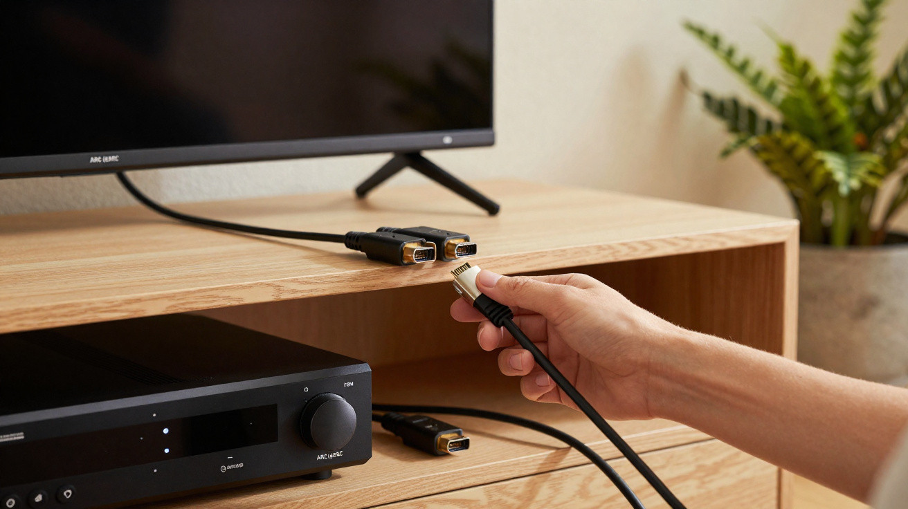 Hand holding an HDMI cable near a TV and AV receiver on a wooden cabinet with a plant in the background.