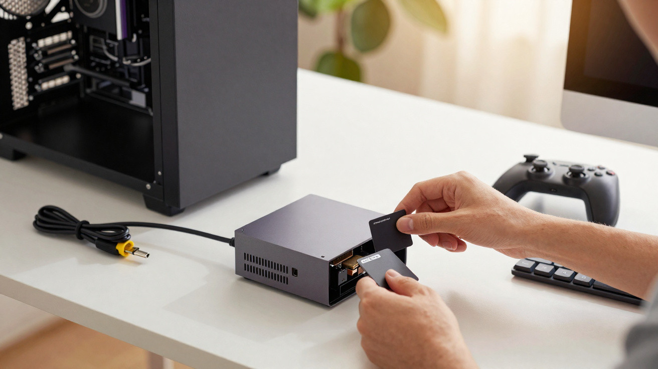 Person inserting a memory card into a small external device on a desk with a gaming controller nearby.