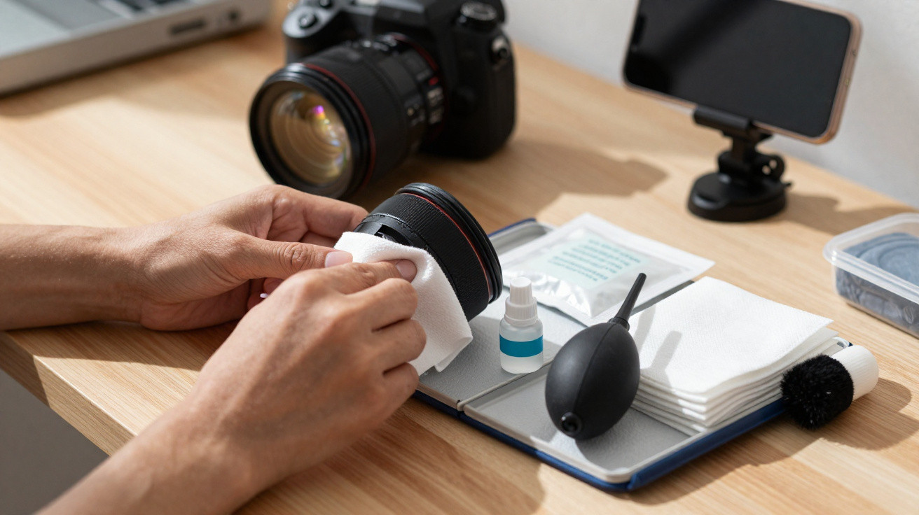 Hands cleaning a camera lens with a cloth on a wooden table with camera cleaning tools and a DSLR camera nearby.