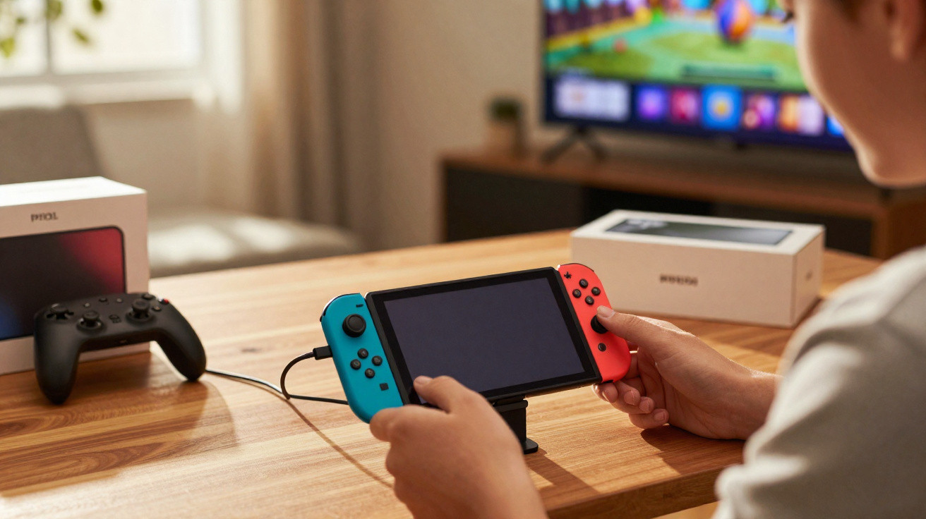Person holding a handheld gaming console with red and blue controllers on a wooden table indoors.