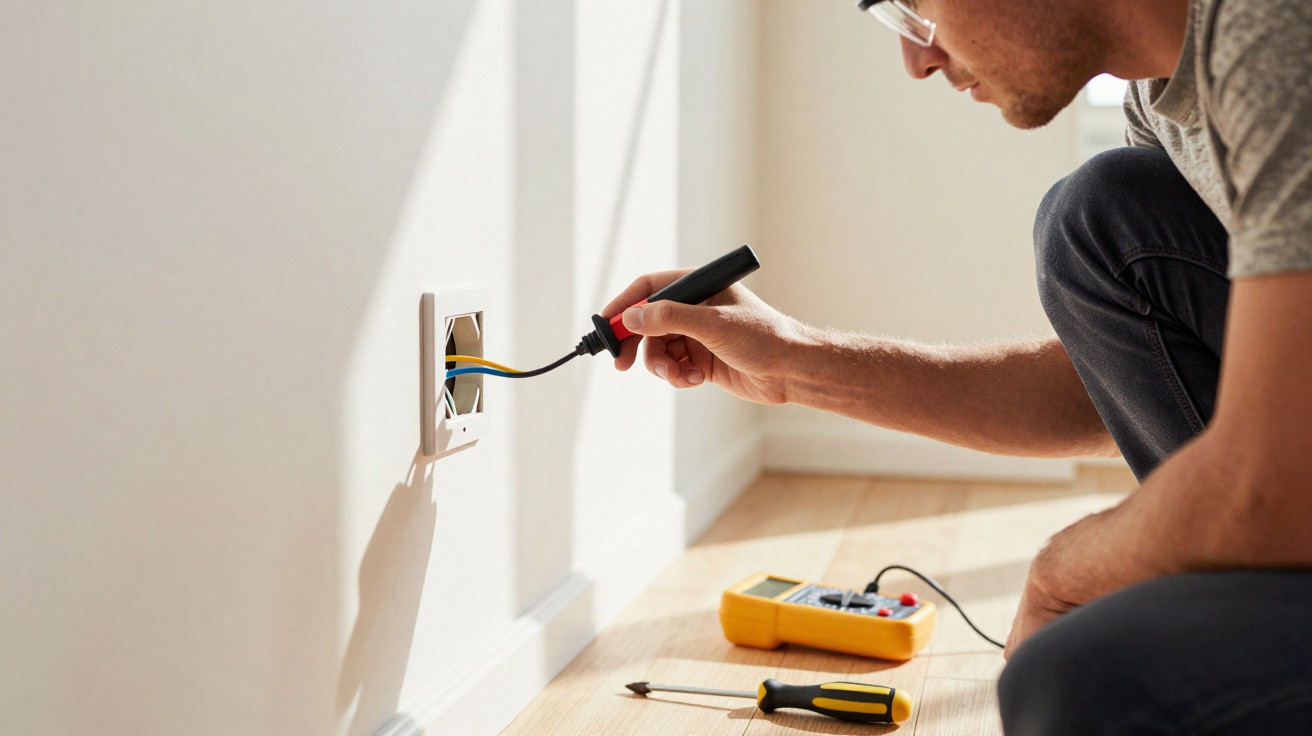 Person testing electrical socket with a screwdriver and wiring tools on a wooden floor beside them.