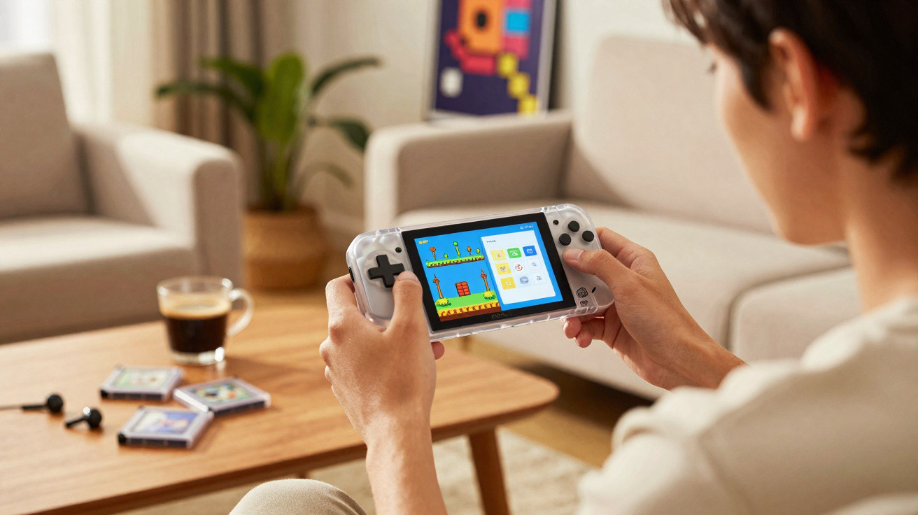 Person holding a handheld gaming console showing a retro-style platform game in a cozy living room.