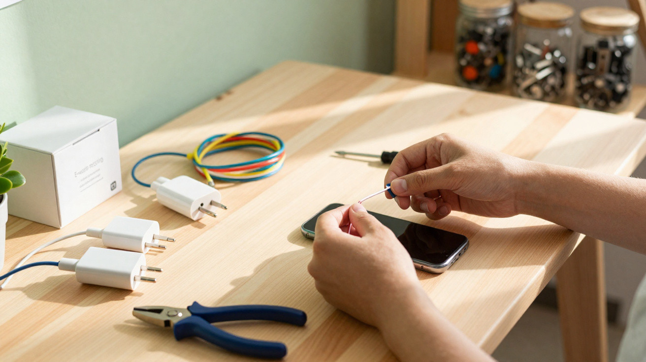 Person repairing or assembling electronic device on wooden table with tools and adapters nearby.