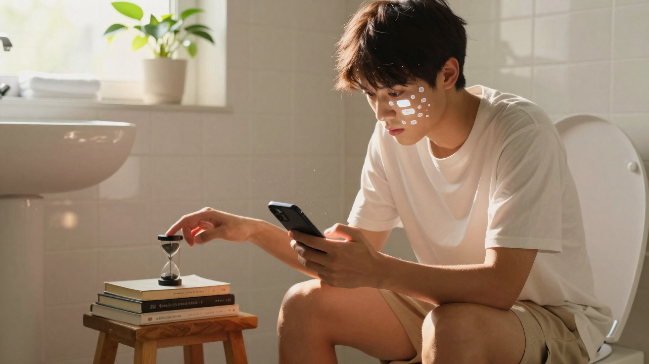 Young man with skincare patches on face sitting on toilet, using phone, and holding hourglass in bright bathroom.