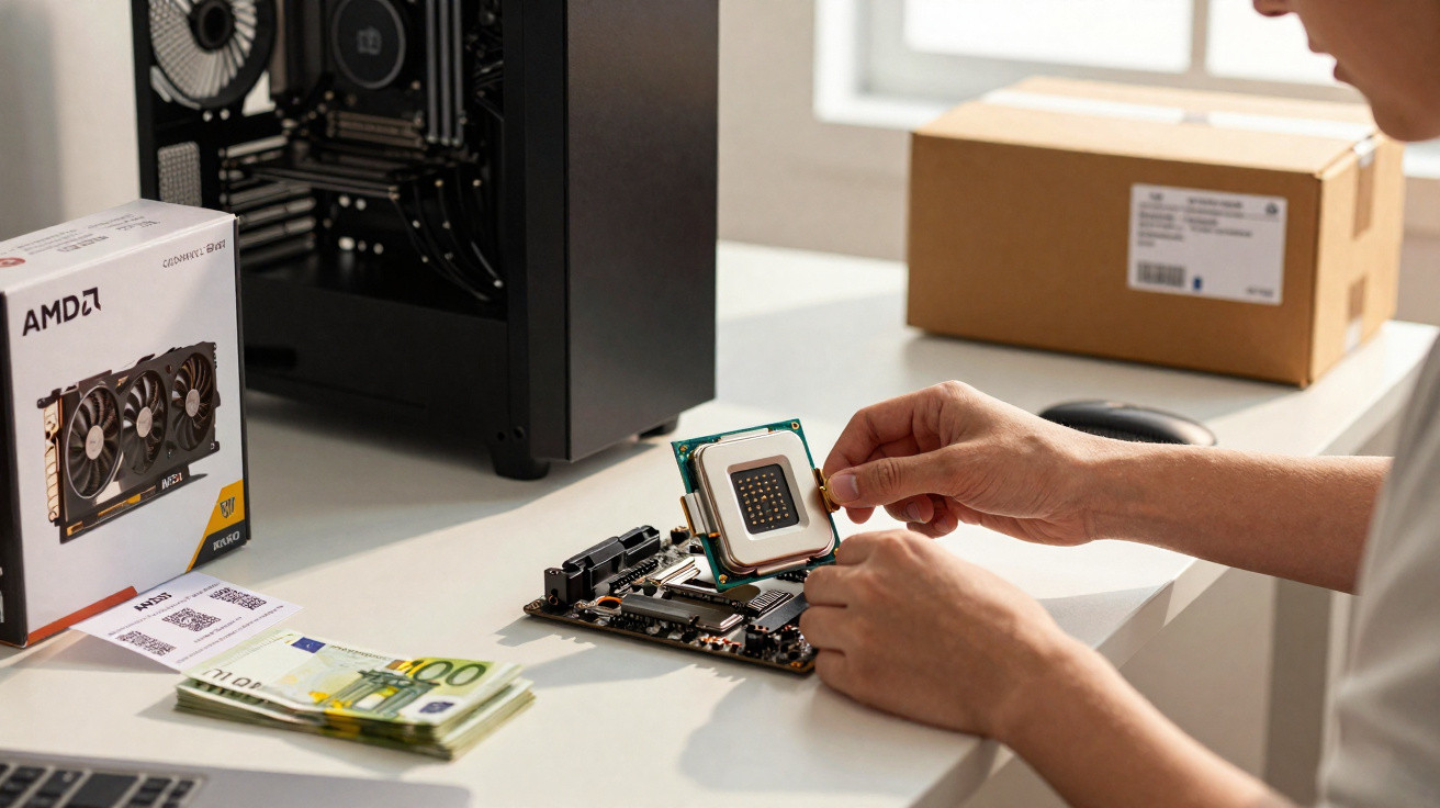Person installing a computer processor onto a motherboard on a white desk with PC parts and money nearby.