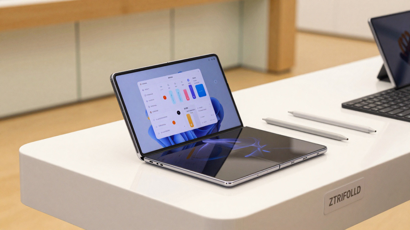 Foldable tablet with a touchscreen displaying app settings, placed on a white display table in a store.