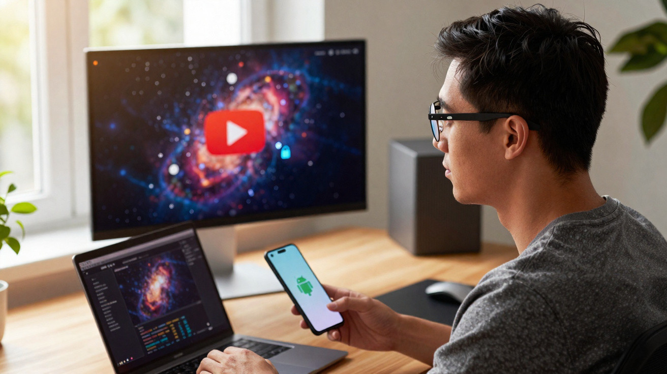 Man holding smartphone with Android logo, using laptop and desktop showing YouTube space-themed content.