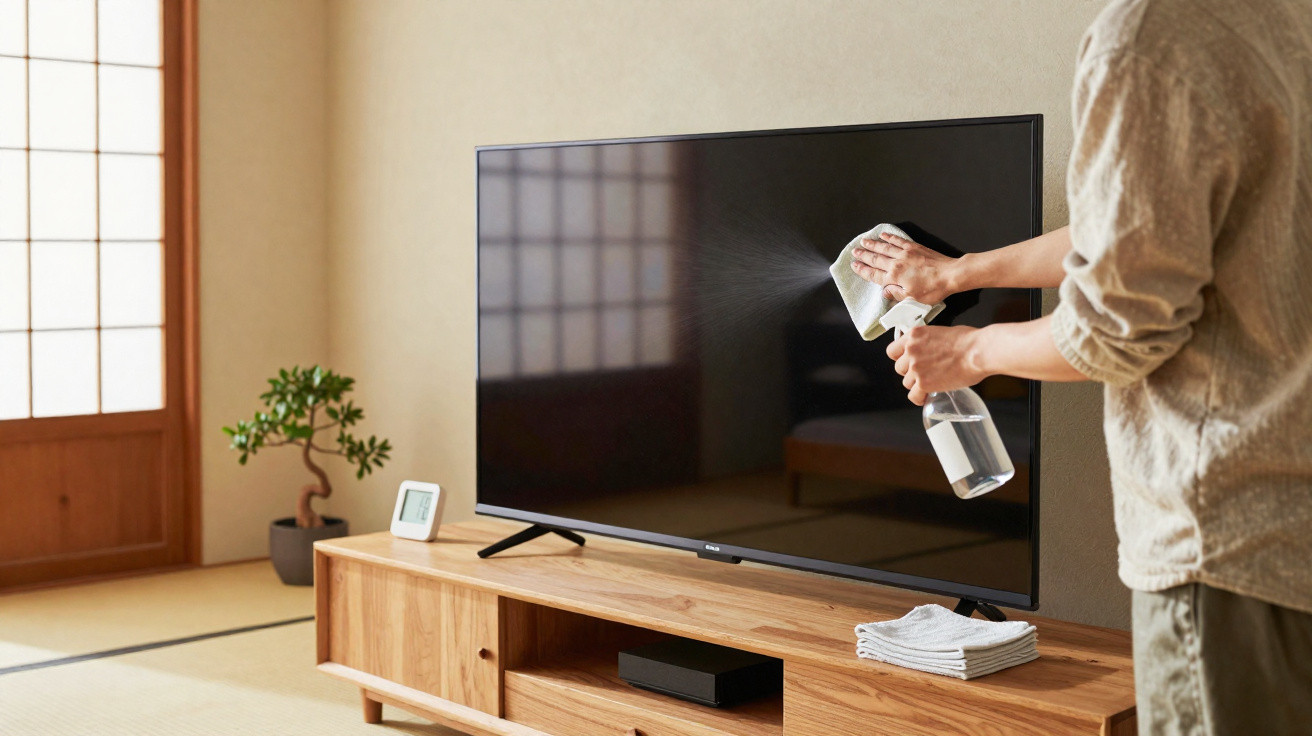 Person cleaning a flat-screen TV with a spray bottle and cloth in a minimalist living room.