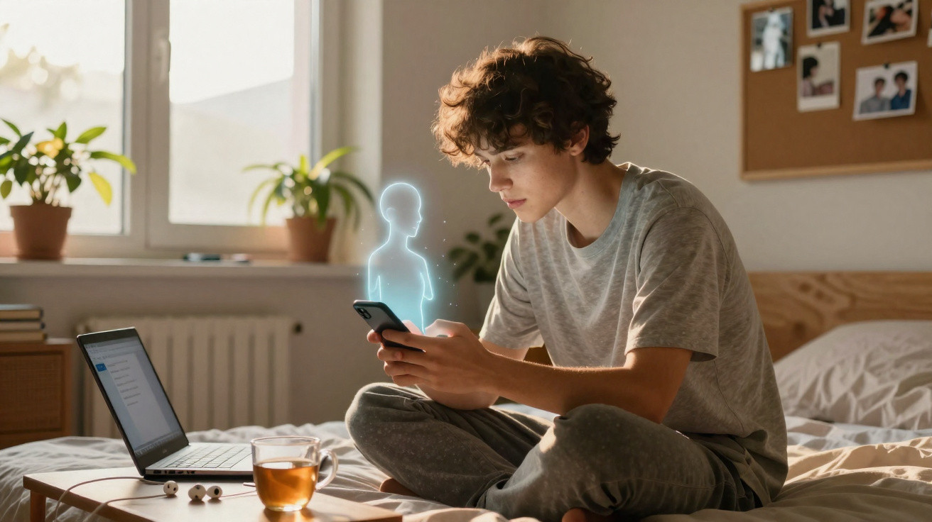 Teenage boy sitting on bed using smartphone with holographic figure projection in a cosy bedroom.