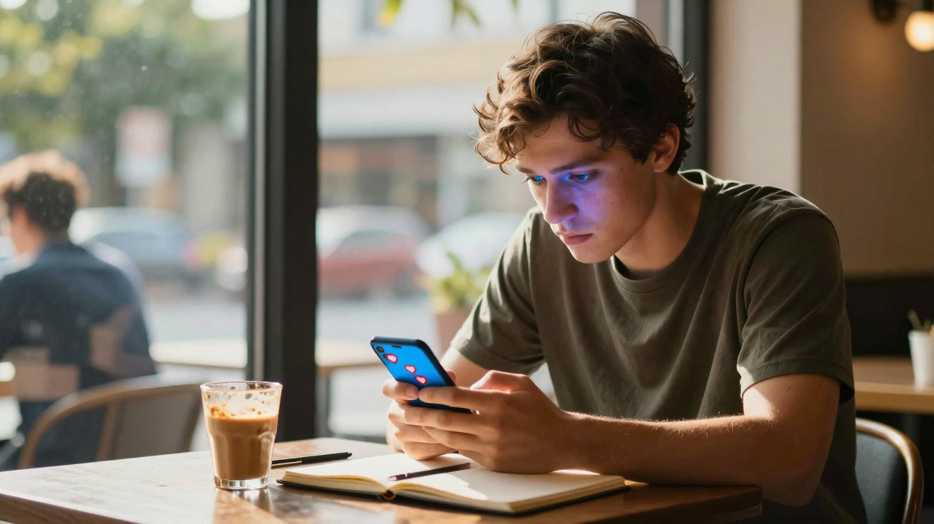 Young man sitting at a café table using a smartphone with a drink and open notebook in front of him.