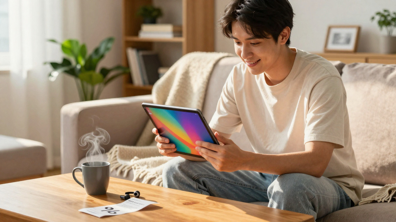 Young man sitting on sofa using tablet with a steaming mug and wireless earphones on the table in bright living room.