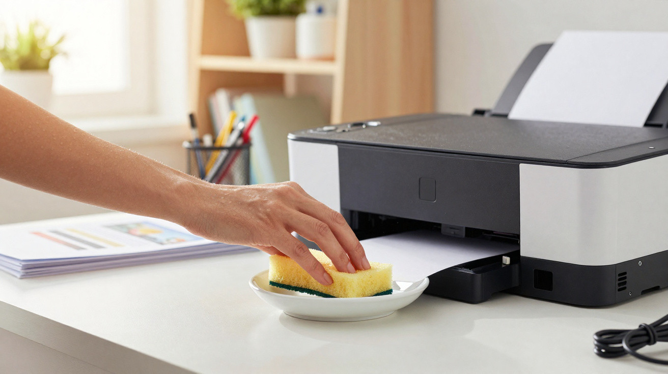 Hand reaching to pick up a yellow sponge on a plate next to a black and grey printer on a white desk.
