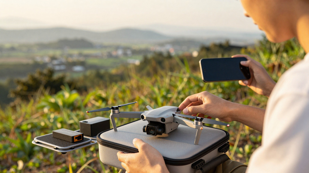 Person setting up a drone on a case outdoors with a smartphone, overlooking a rural landscape at sunset.