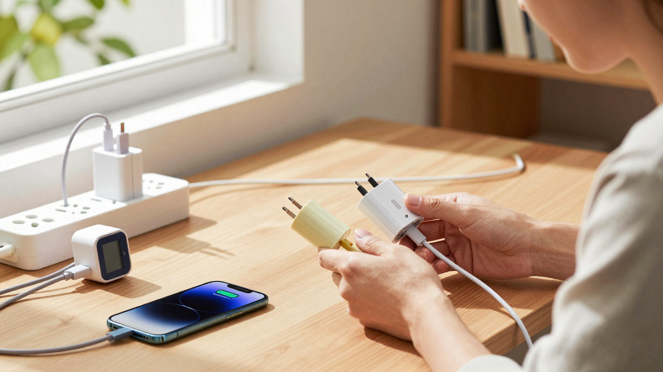 Person comparing two different phone chargers near a smartphone charging on a wooden desk by a window.