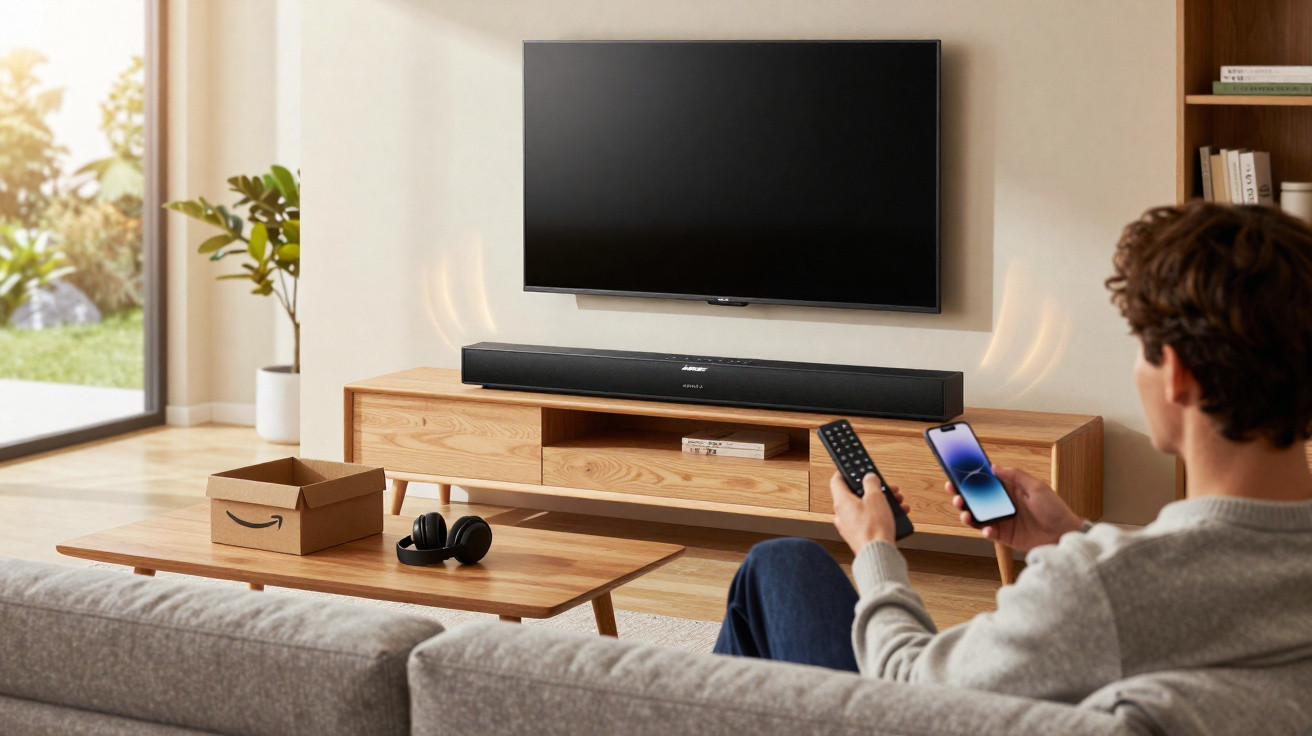 Person sitting on sofa using a smartphone and remote control in a modern living room with TV and soundbar.