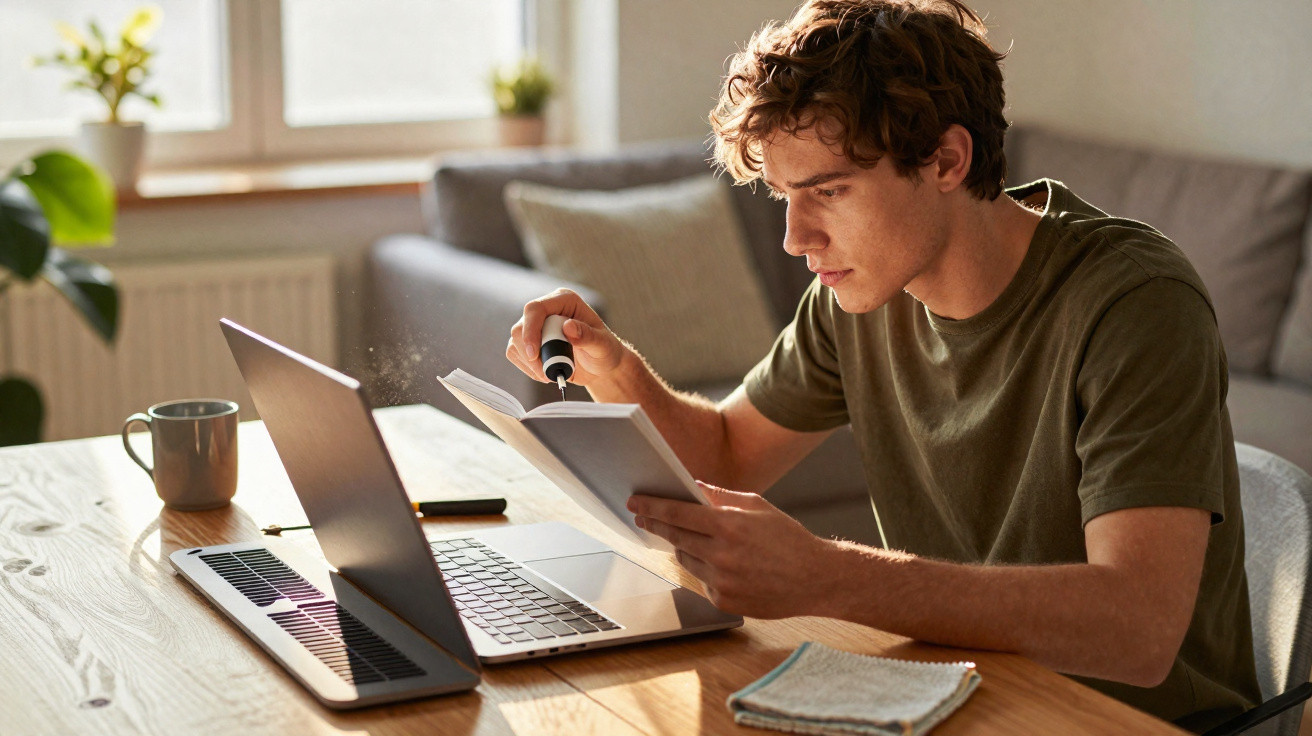 Young man highlighting text in book while working on laptop at wooden table in bright room