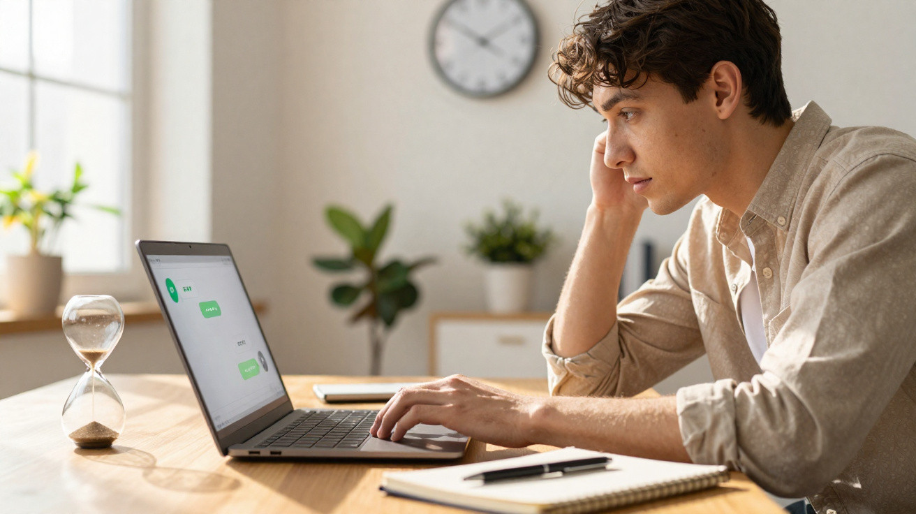 Young man looking at laptop screen displaying a chat conversation in a bright home office.
