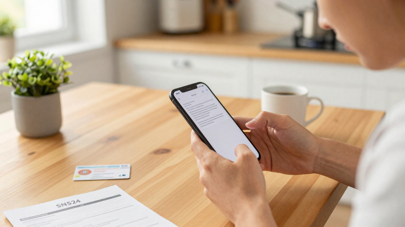 Person holding a smartphone reading a message at a wooden kitchen table with a coffee mug and documents nearby.