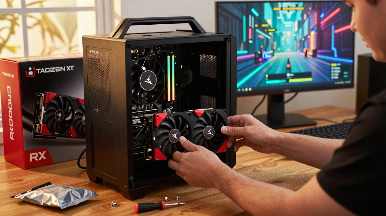 Person installing dual cooling fans into a compact PC case with a gaming setup in the background.