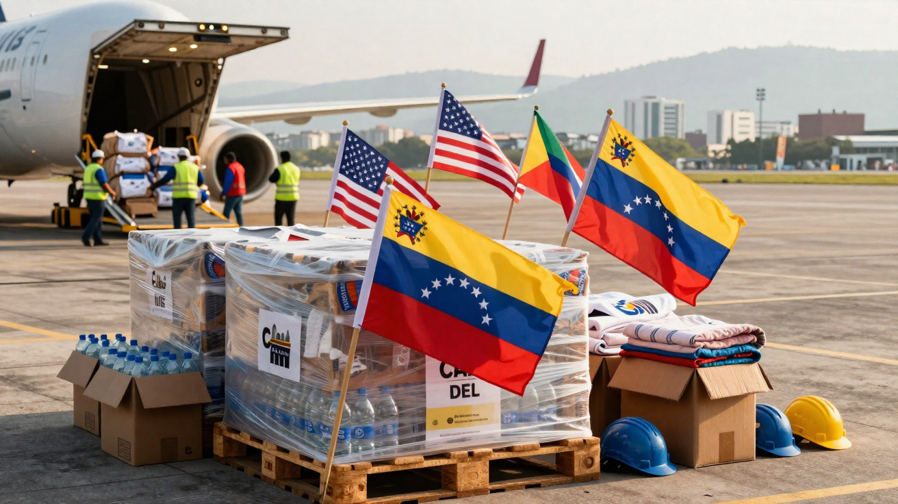 Pallets of aid supplies with Venezuelan, US, and Congo flags by an airplane on an airport tarmac.